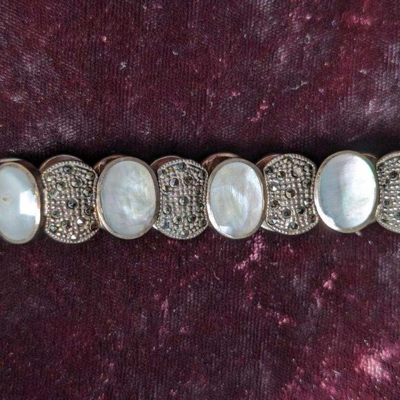 Vintage Sterling Abalone and Marcasite Link Bracelet, Mexican, Smooth, Heavy - Picture 3 of 13